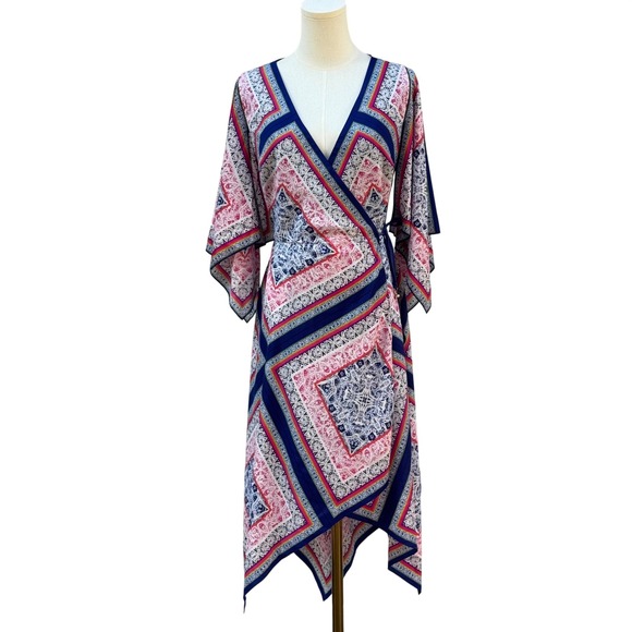 Trina Turk Dresses & Skirts - Trina Turk Silk Wrap Dress Womens Blue Pink Paisley Handkerchief Hem Resortwear